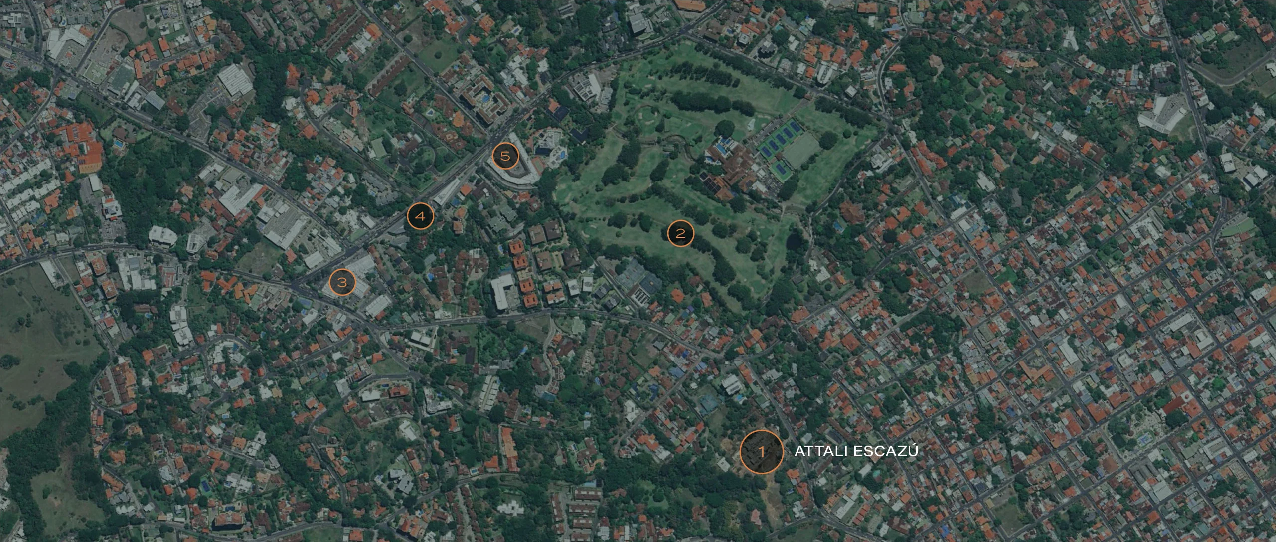 Attali Escazú location map: 1 Attali, 2 Costa Rica Country Club, 3 CC La Paco, 4 CC 7 Bancas, 5 Plaza Los Laureles